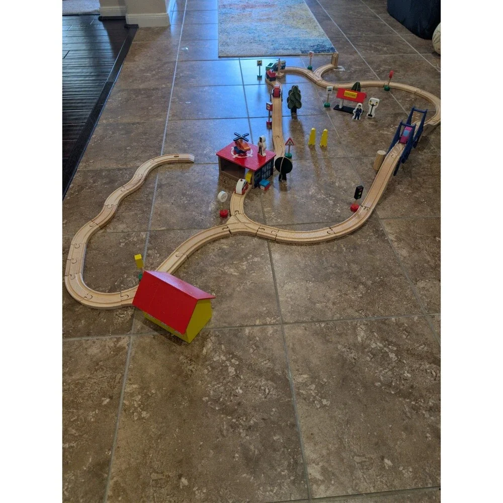 Large Wooden Train Track Set Bridge Station House Signs Accessories 50+ Pieces